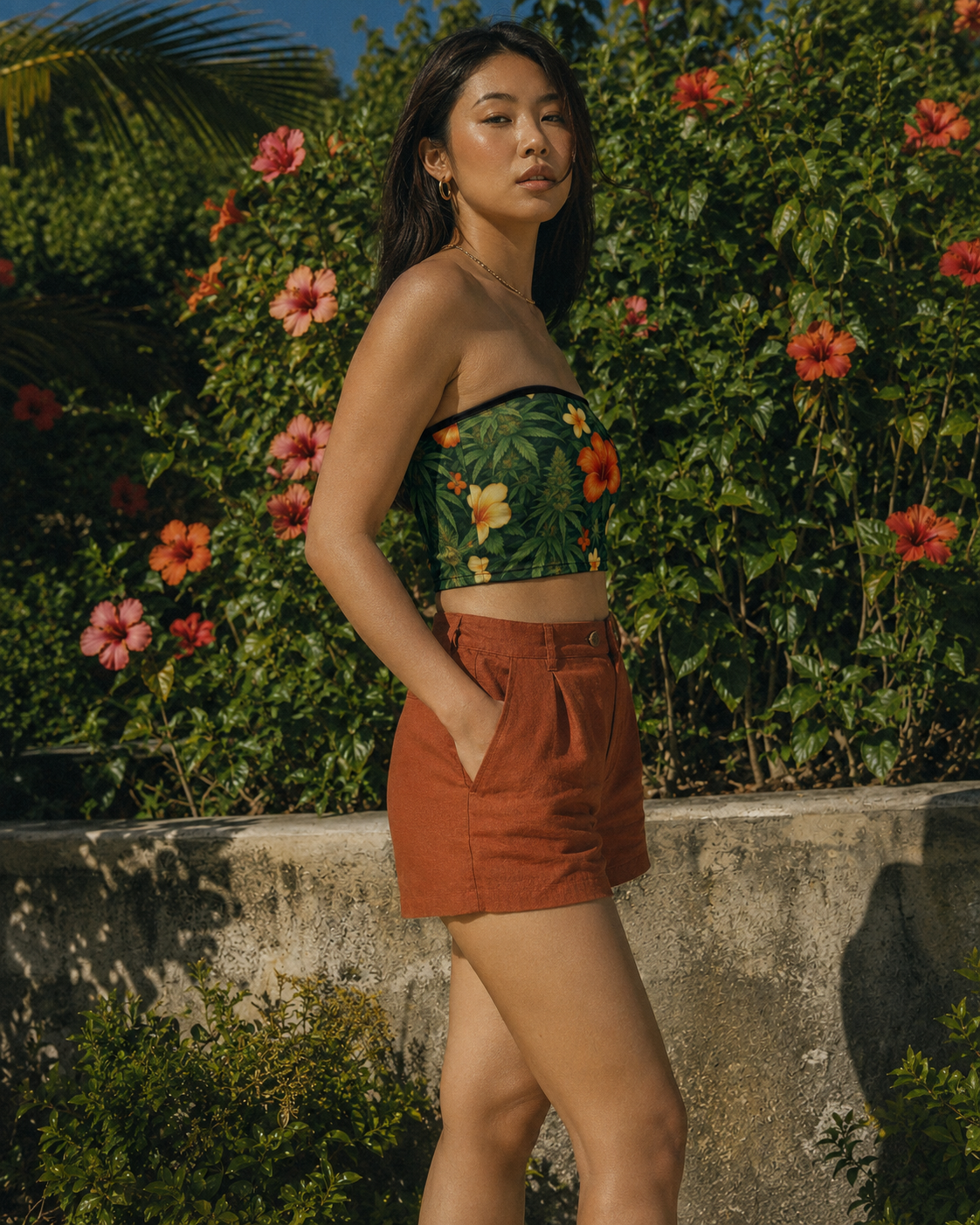 Hibiscus floral print bandeau top, side view on model