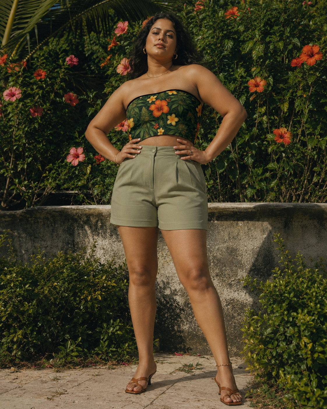 Hibiscus floral print bandeau top, close-up showing print and fabric