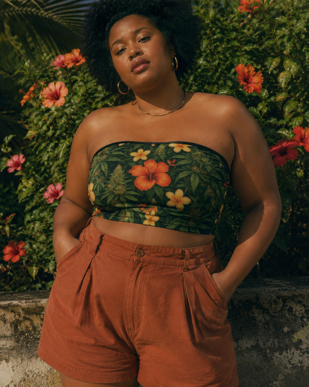 Hibiscus floral print bandeau top, three-quarter view on model