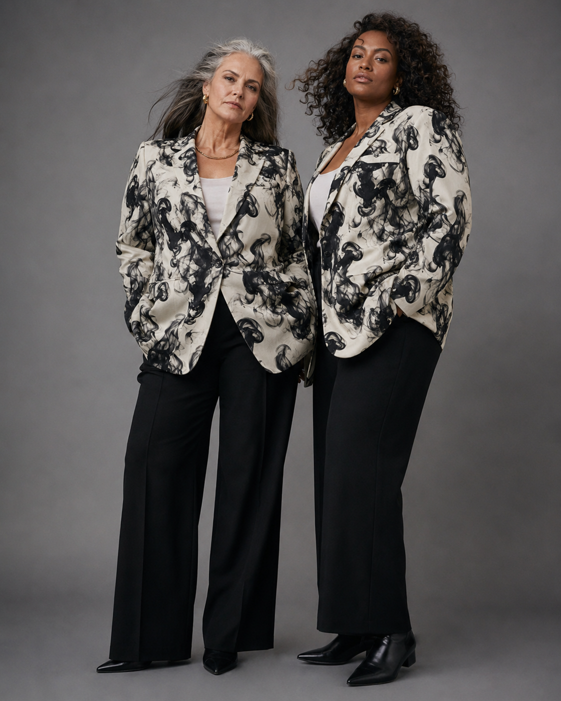 Smokey print cotton blazer, side view showing silhouette