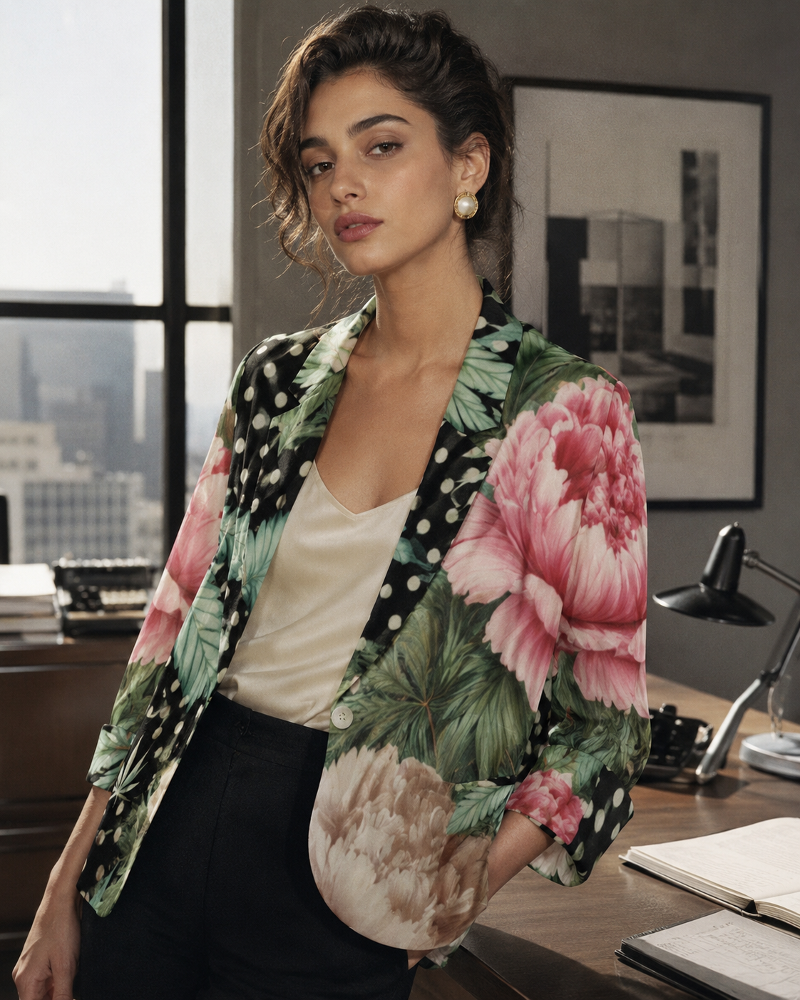 Peony and pot floral print shirt jacket, side view on model