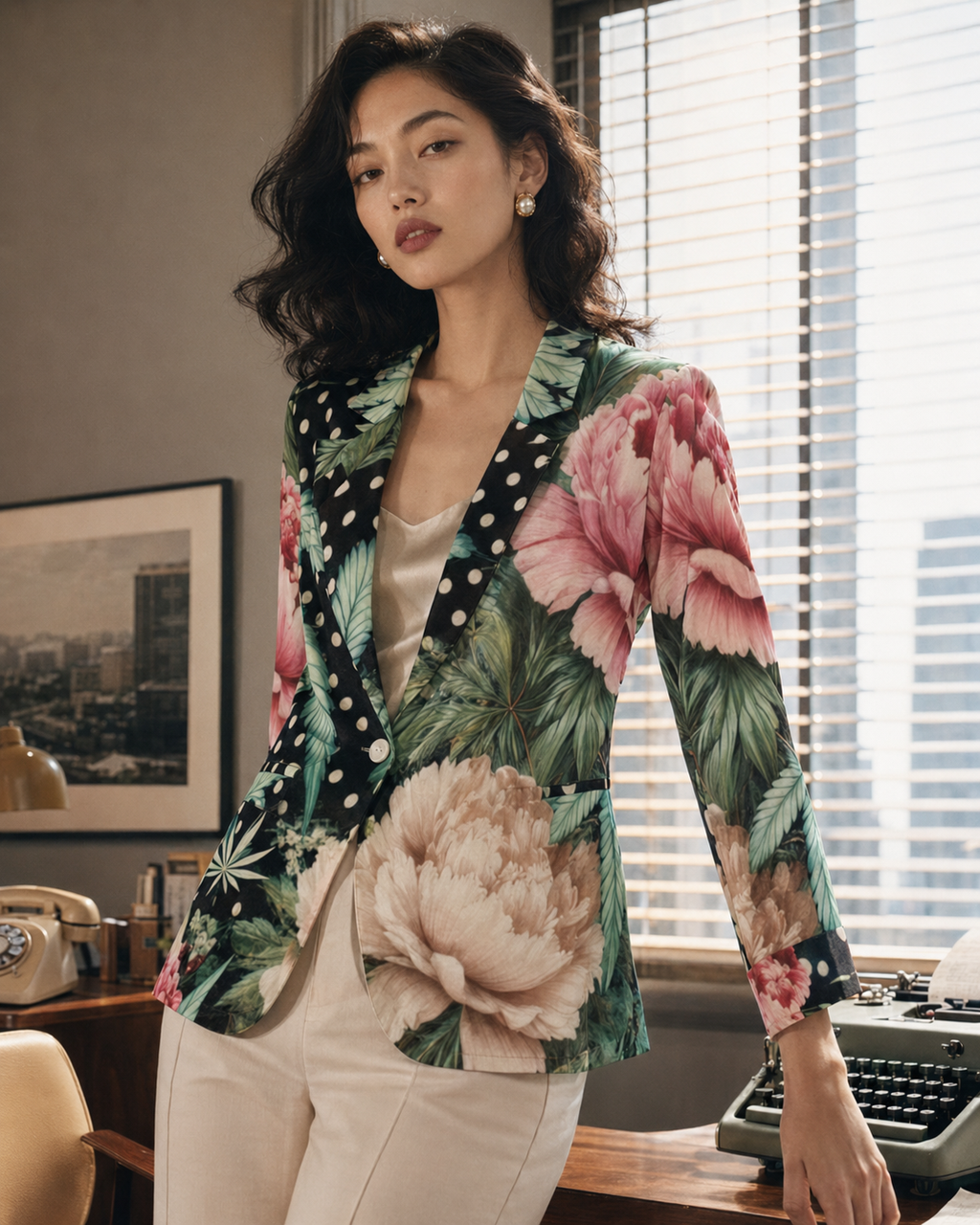 Jane Dope peony and pot floral print oversized shirt jacket, front view on model