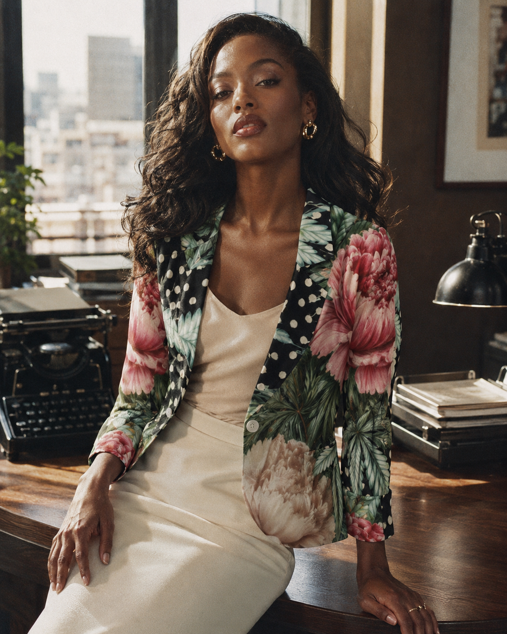 Peony and pot floral print shirt jacket, lifestyle editorial shot on model