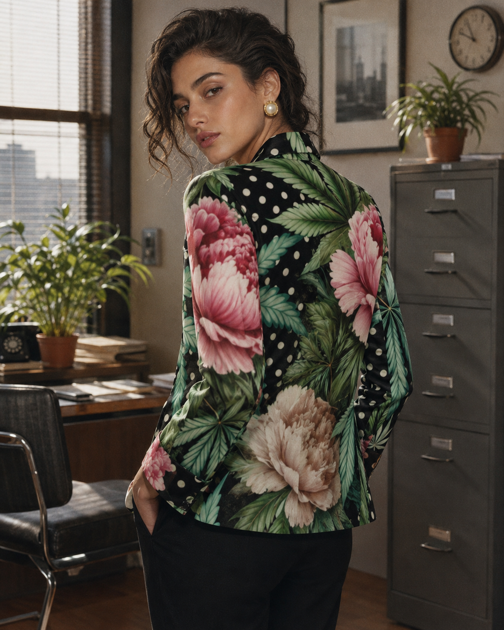 Peony and pot floral print shirt jacket, open showing lining detail