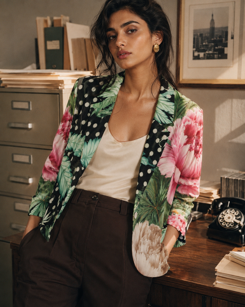 Peony and pot floral print shirt jacket, back view on model