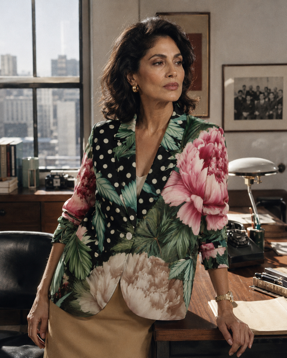 Peony and pot floral print shirt jacket, full length view on model outdoors