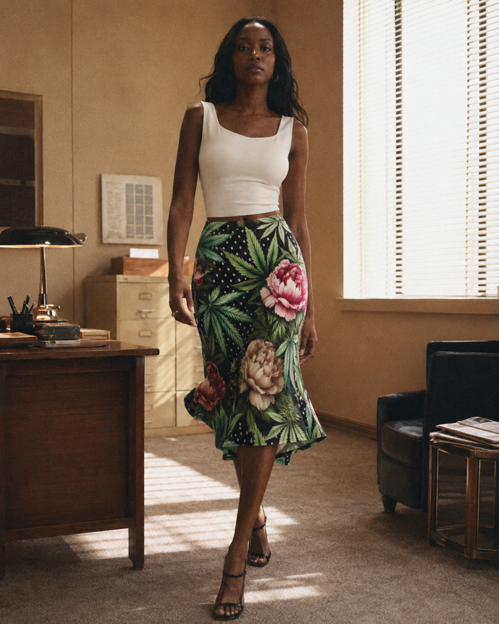 Jane Dope peony and pot floral print elastic waist midi skirt, front view on model