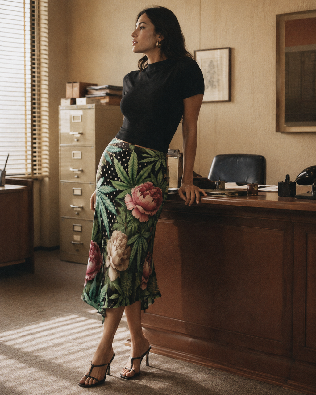 Peony and pot floral print midi skirt, back view on model