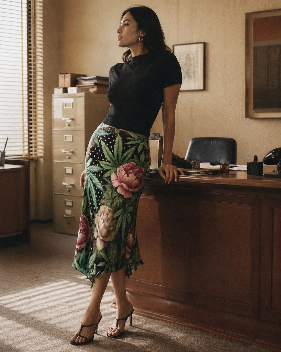 Peony and pot floral print midi skirt, back view on model