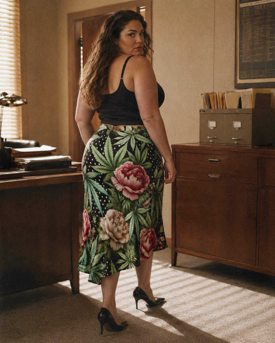 Peony and pot floral print midi skirt, full length view on model outdoors