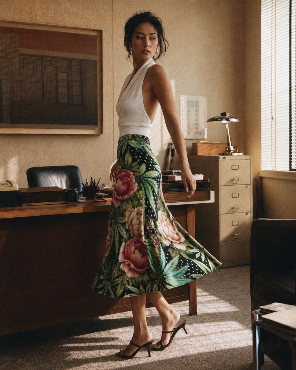Peony and pot floral print midi skirt, seated lifestyle shot on model