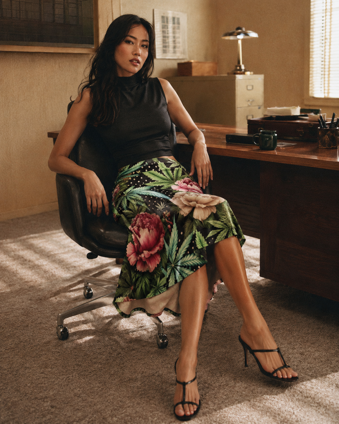 Peony and pot floral print midi skirt, lifestyle editorial shot on model