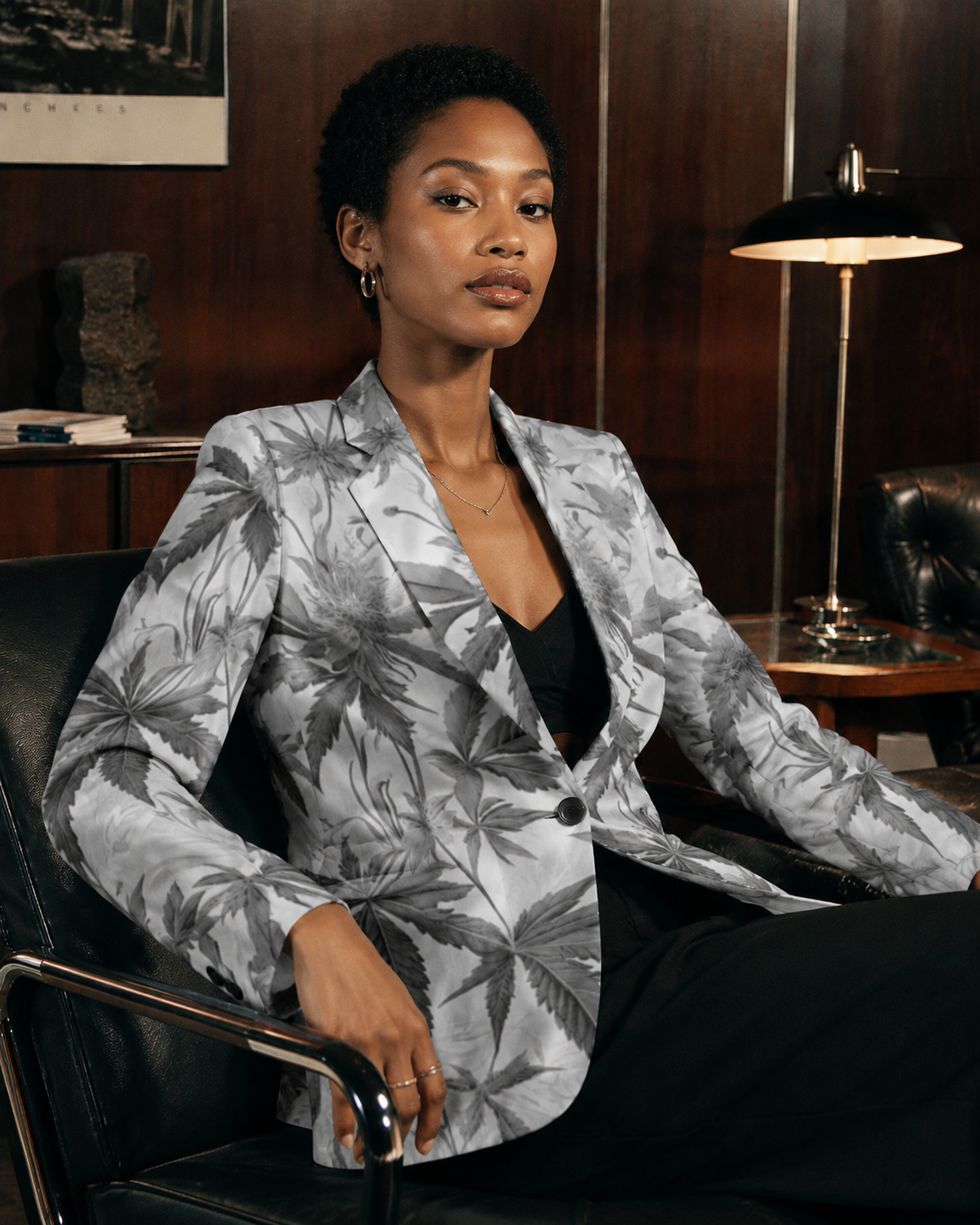 Jane Dope Ash Boss ethereal smoke print relaxed cotton blazer, front view on model