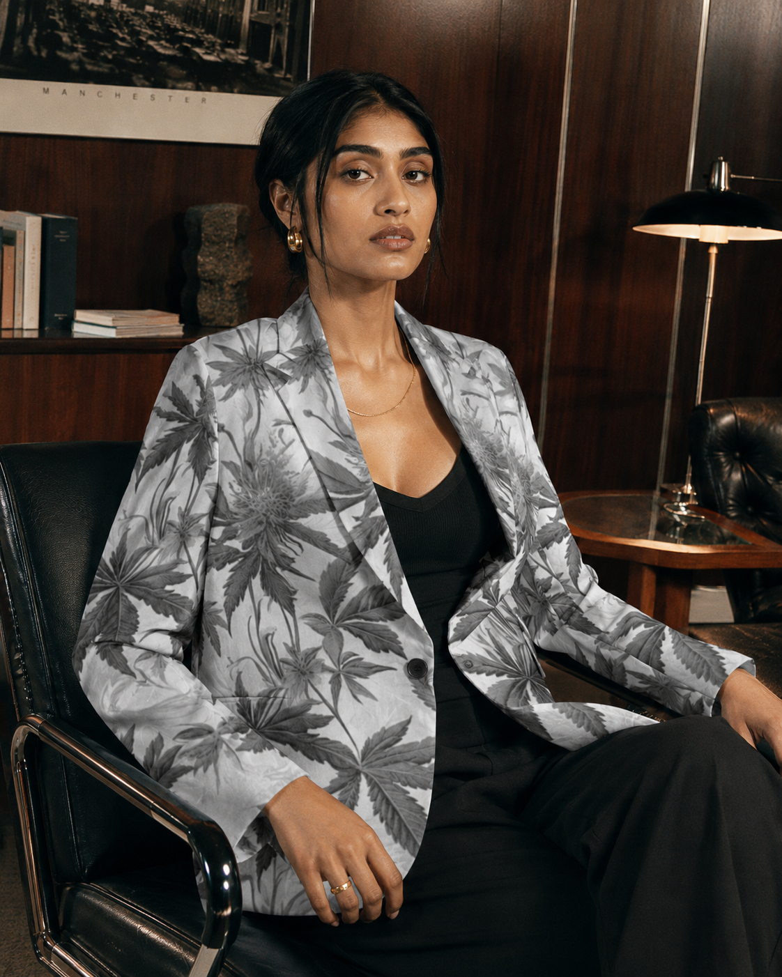 Ash Boss smoke print cotton blazer, back view on model