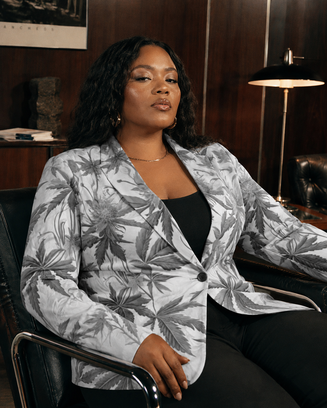 Ash Boss smoke print cotton blazer, full length view on model outdoors