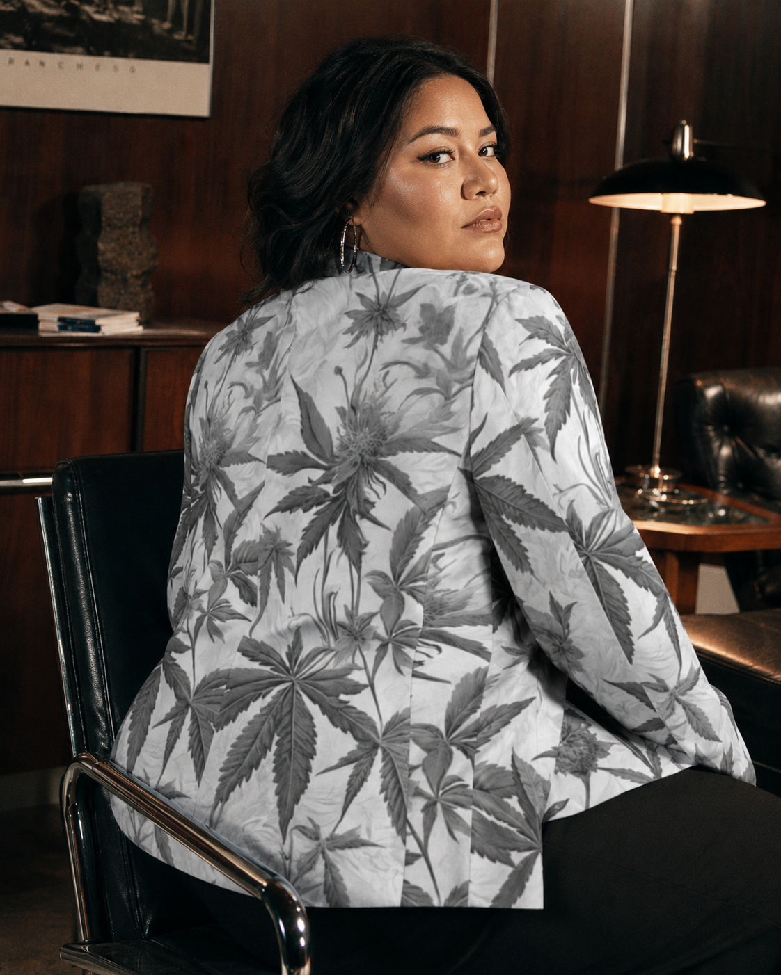 Ash Boss smoke print cotton blazer, side view showing silhouette