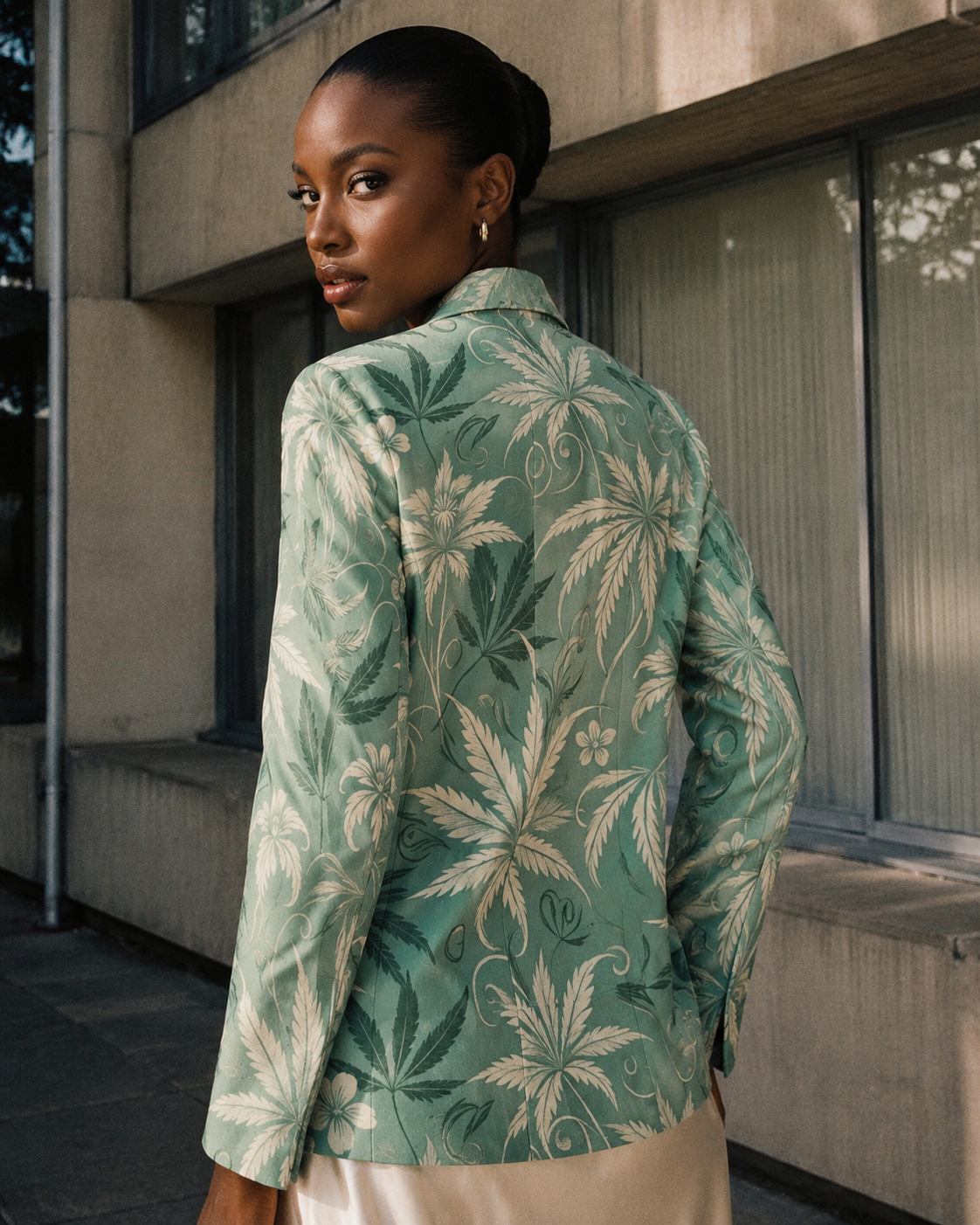Durban all-over print shirt blazer, three-quarter view on model