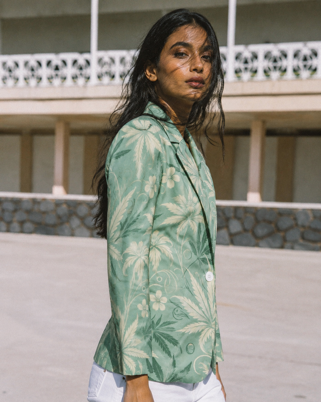 Jane Dope Durban all-over print oversized shirt blazer, back view on model