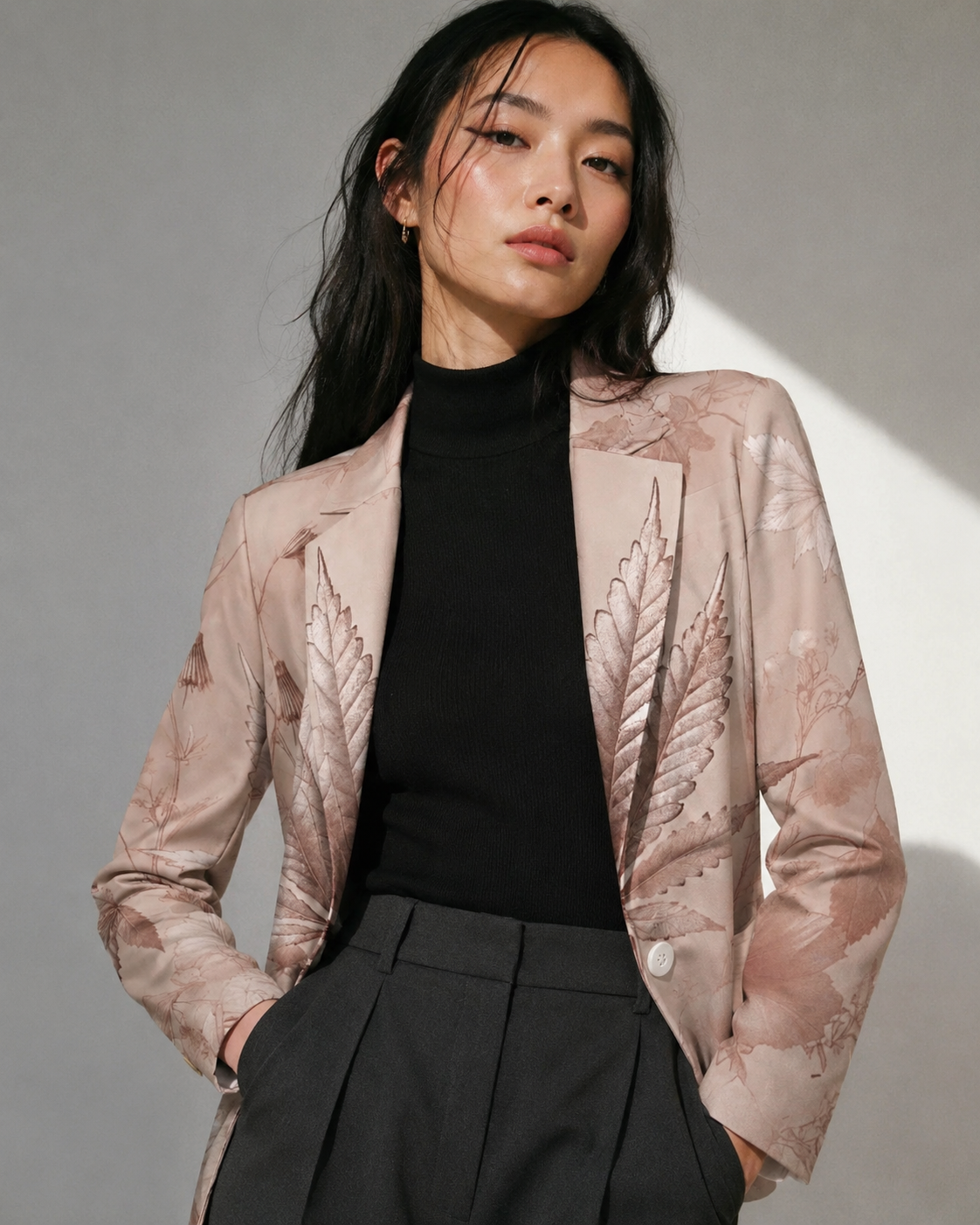 Rosey G rose graphic print shirt blazer, front view on model