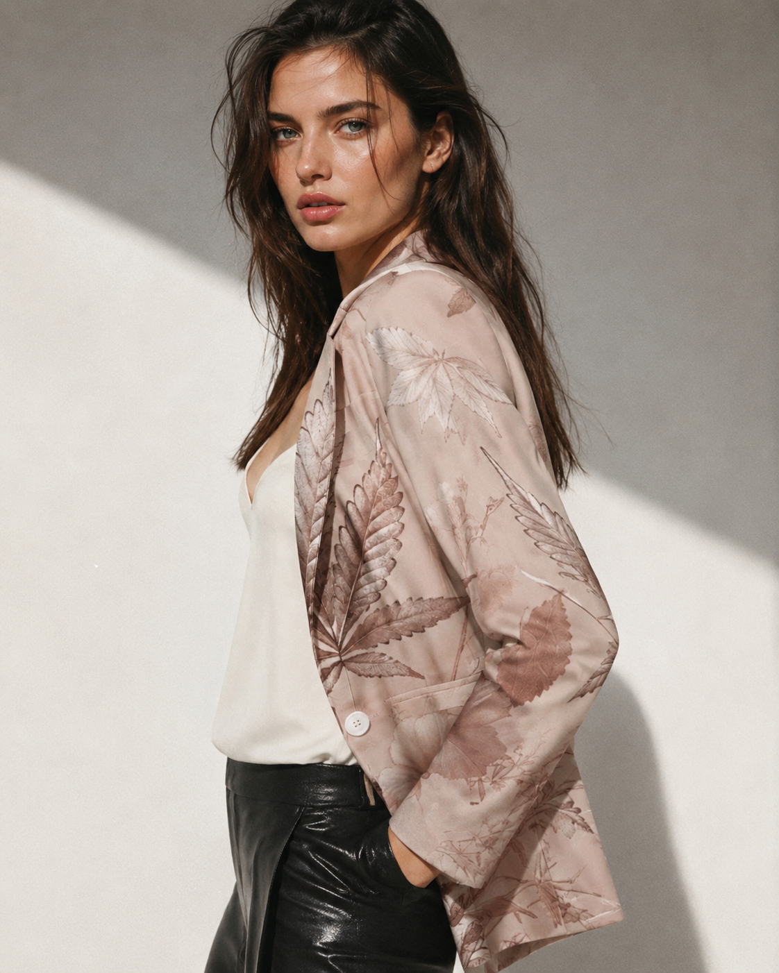 Rosey G rose graphic print shirt blazer, side view on model