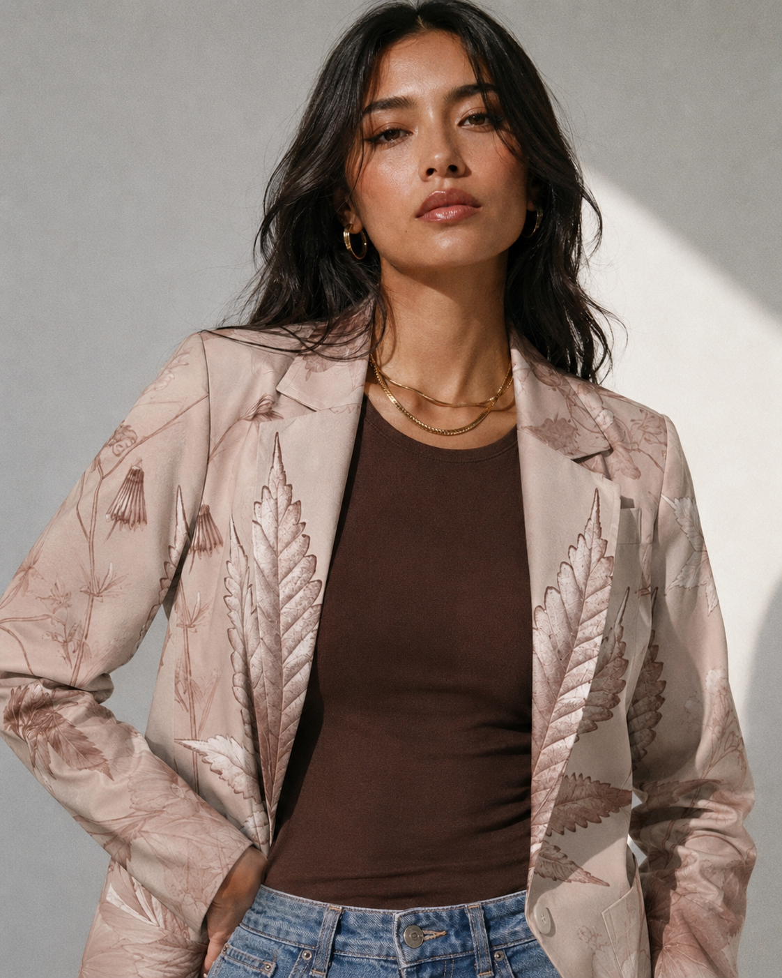 Rosey G rose graphic print shirt blazer, lifestyle editorial shot on model