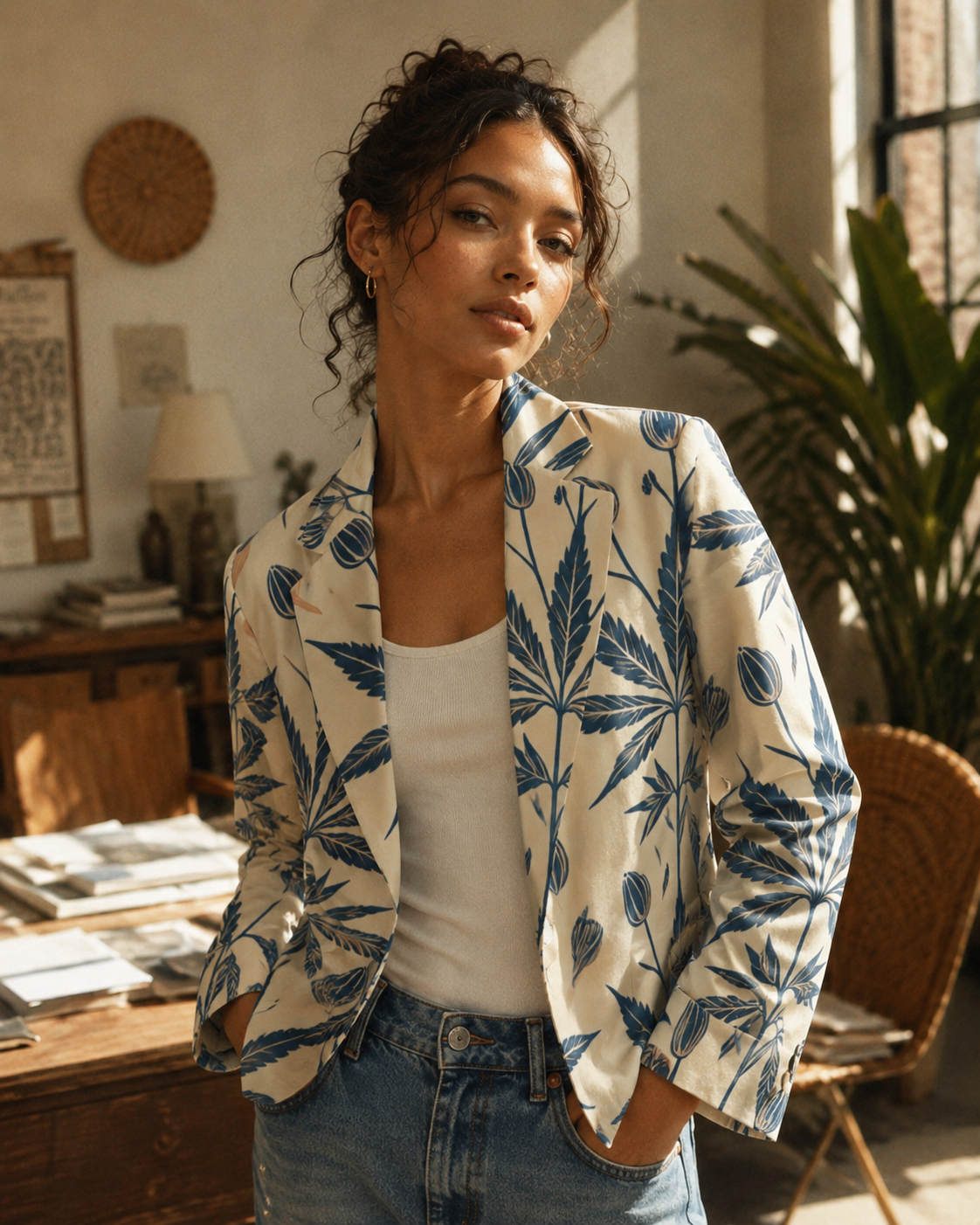 Soft sativa leaf print cotton blazer, three-quarter view on model
