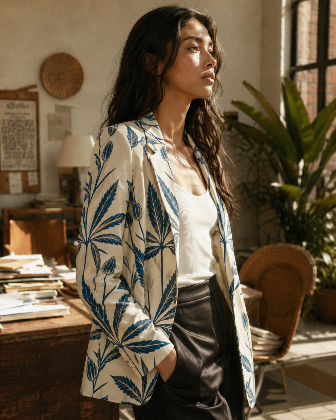 Soft sativa leaf print cotton blazer, lifestyle editorial shot on model