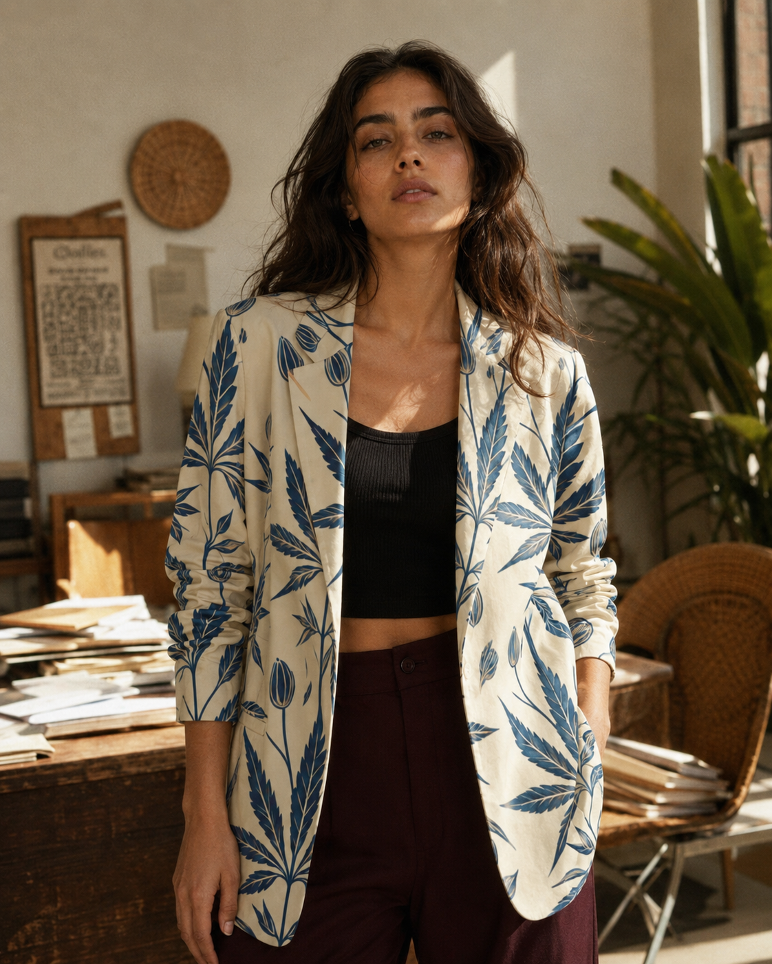 Soft sativa leaf print cotton blazer, lapel and button detail close-up