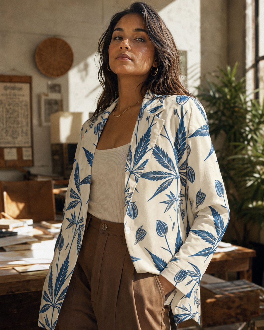 Soft sativa leaf print cotton blazer, full length view on model outdoors