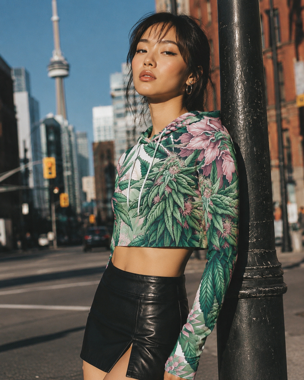 Pink haze floral print cropped hoodie, three-quarter view on model