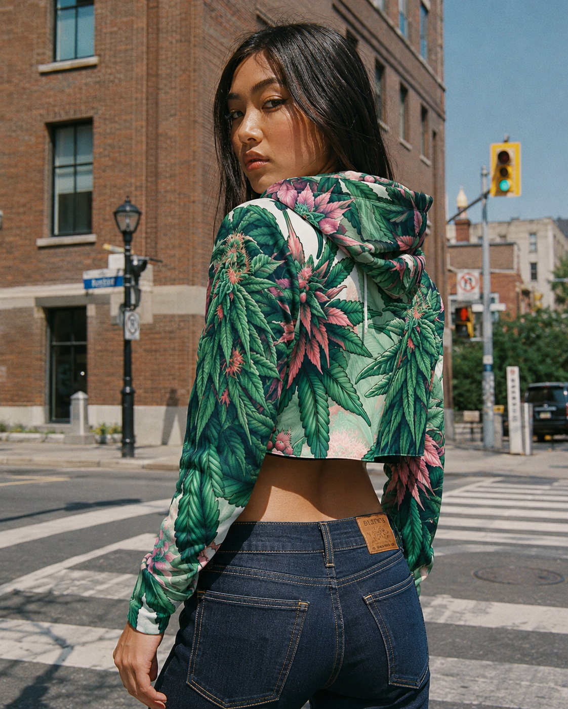Pink haze floral print cropped hoodie, full length lifestyle shot on model