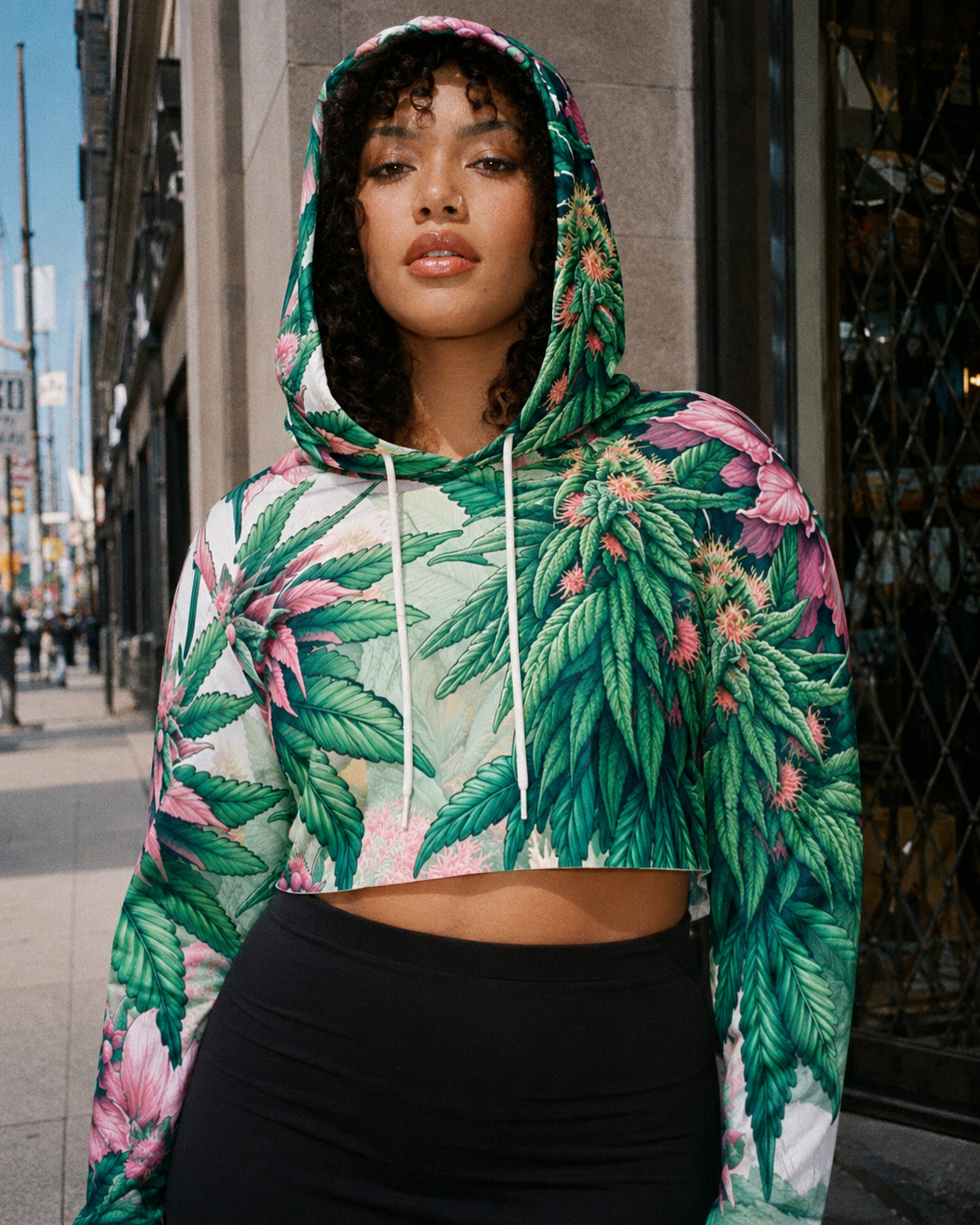 Pink haze floral print cropped hoodie, lifestyle editorial shot on model