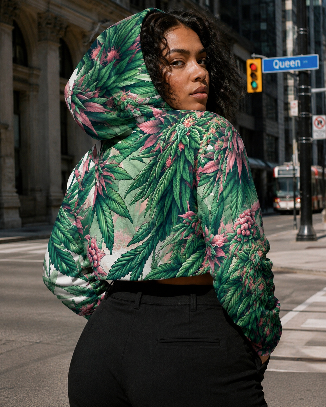 Jane Dope pink haze floral print women's cropped hoodie, back view on model