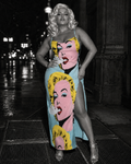 Jane Dope Marilyn all-over print fitted midi dress with thigh-high slit, front view on model