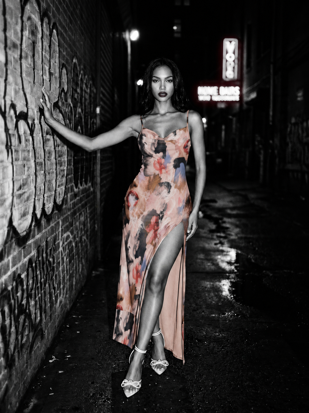 Jane Dope Squad all-over print fitted midi dress with thigh-high front slit, front view on model