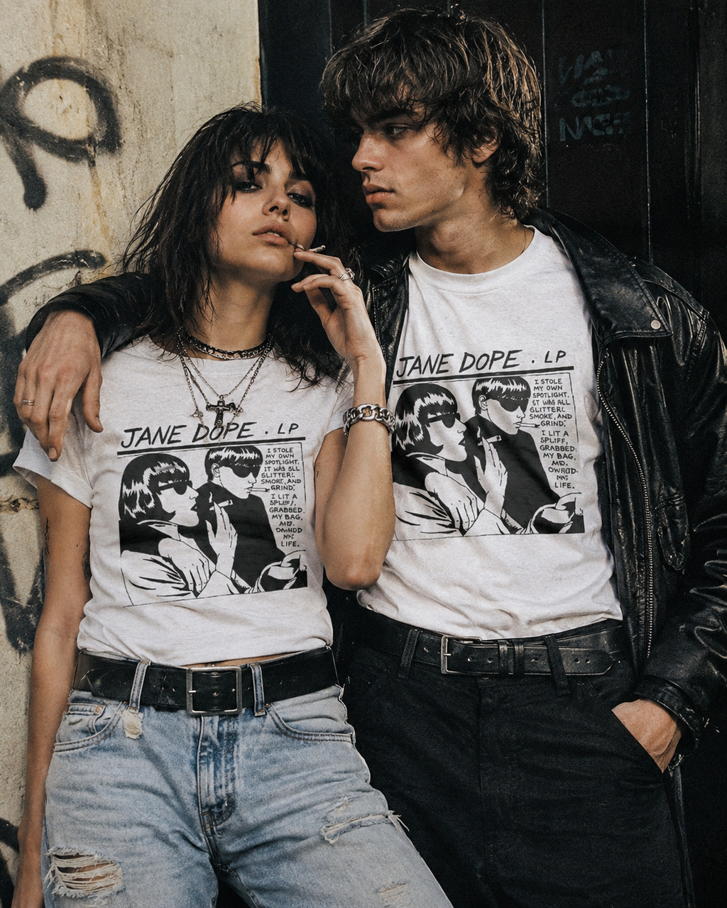 Jane Dope GOO T Rock graphic print cotton t-shirt, lifestyle front view on model