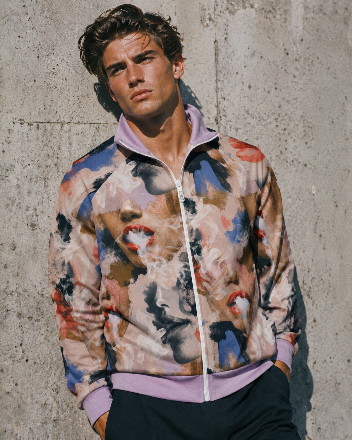 Jane Dope Squad all-over print stand-up collar zip jacket, lifestyle front view on model