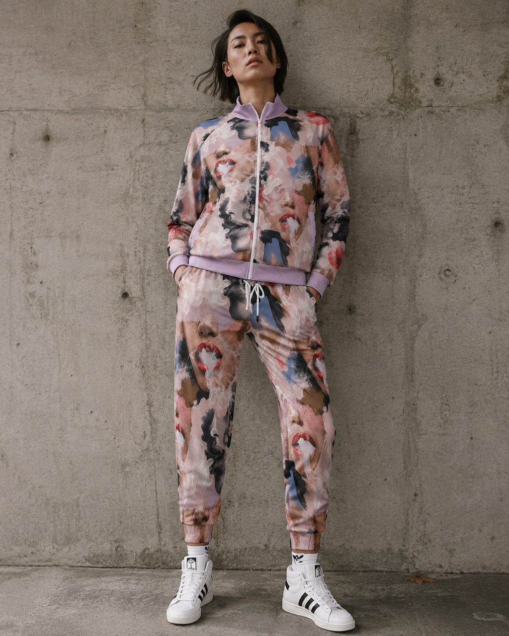 Jane Dope Squad all-over print unisex relaxed fit cotton pants, lifestyle front view on model