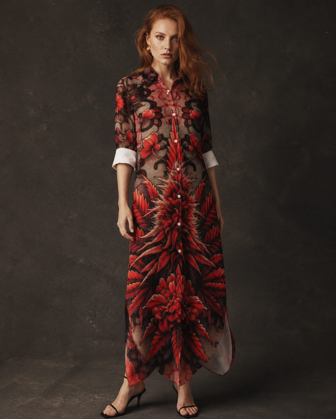 Jane Dope bud and lace floral print button-through shirt dress, front view on model