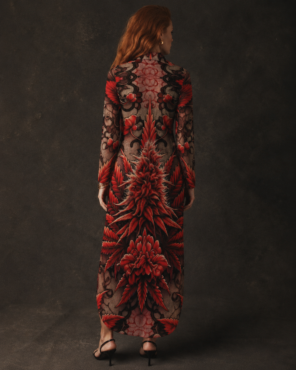 Bud and lace floral print shirt dress, back view on model