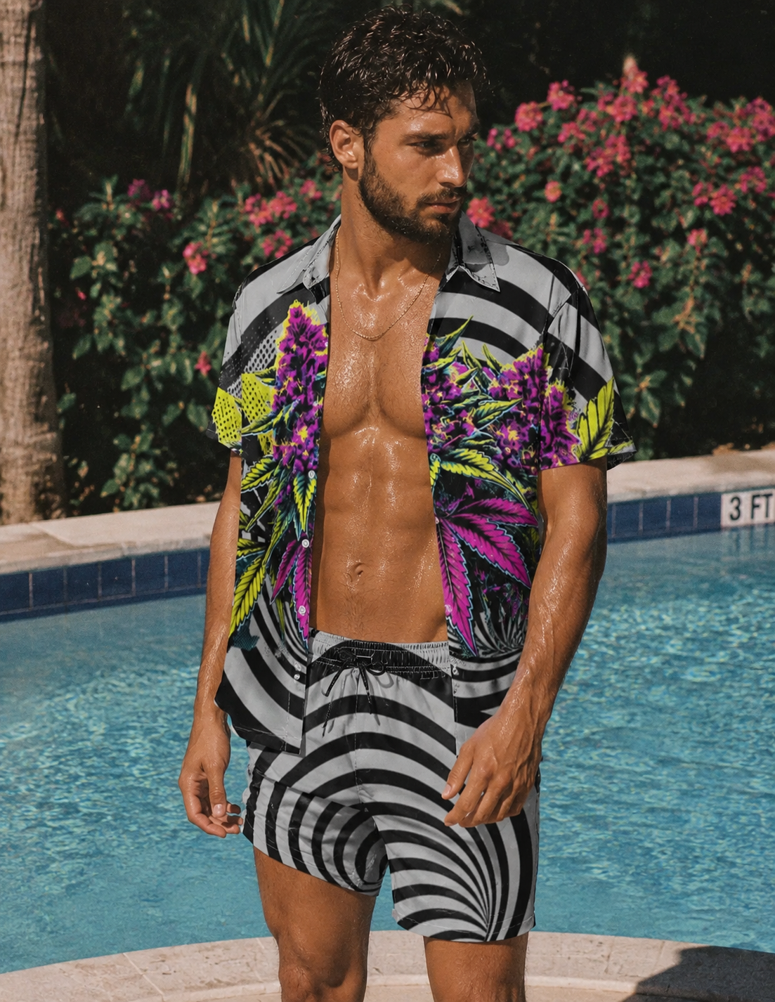 Jane Dope LIT graphic print men's beach shirt and shorts set, lifestyle front view
