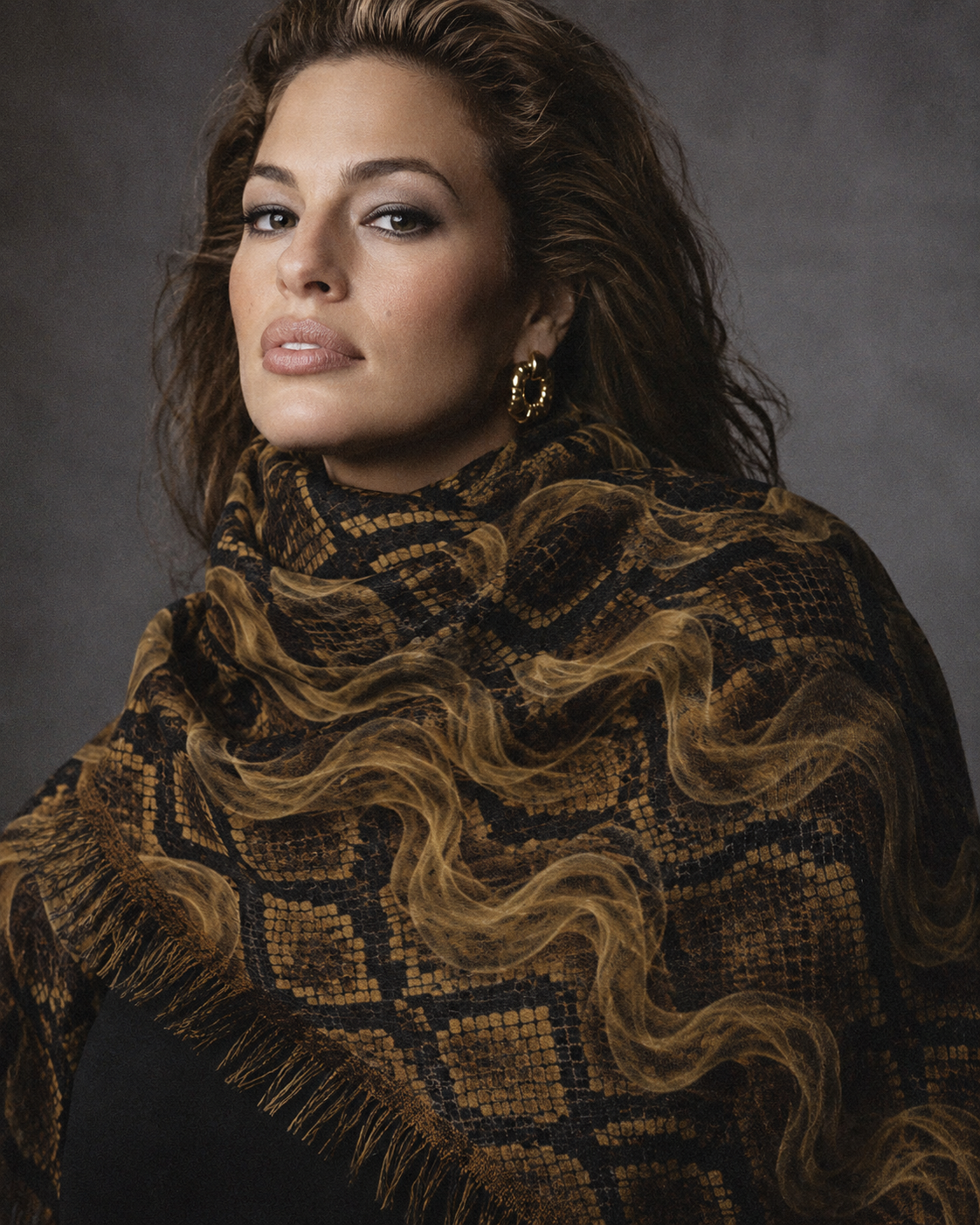 Jane Dope snake print long tassel scarf, draped lifestyle shot