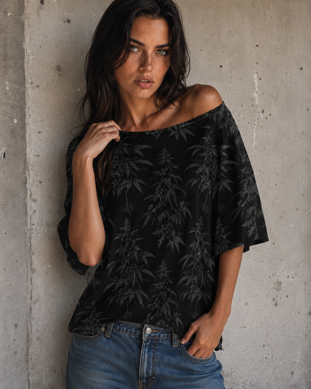 Jane Dope black spider web print relaxed fit boat neck half-sleeve t-shirt, front view on model