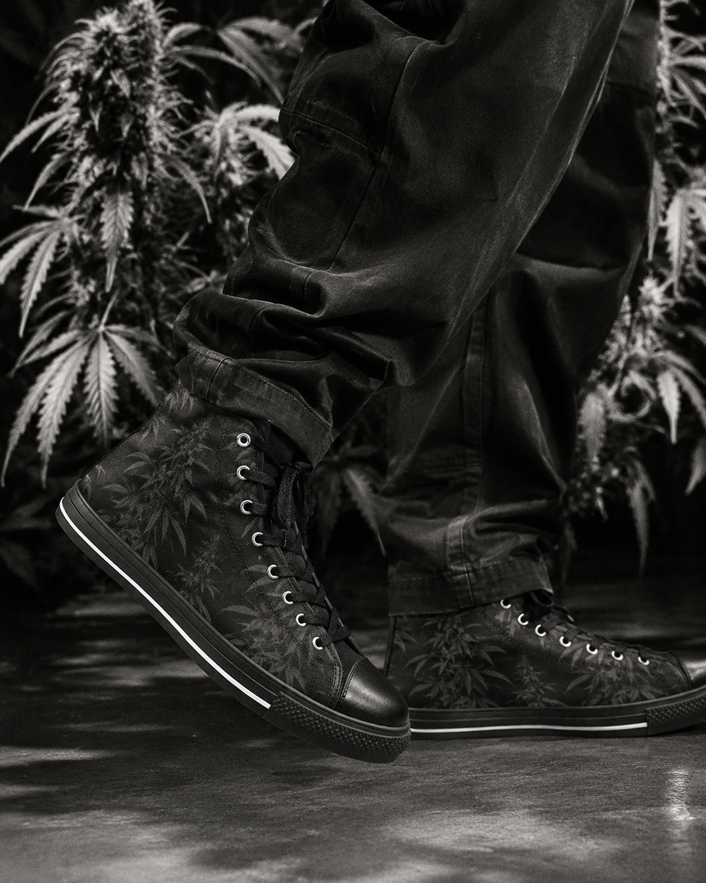 Jane Dope black spider web print women's high top canvas sneakers, lifestyle shot on model