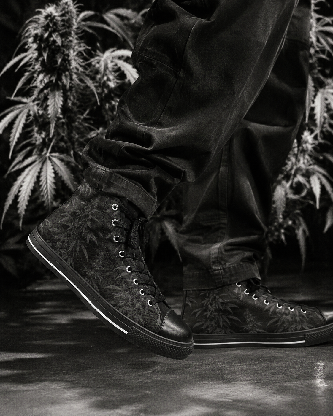Jane Dope black spider web print women's high top canvas sneakers, lifestyle shot on model