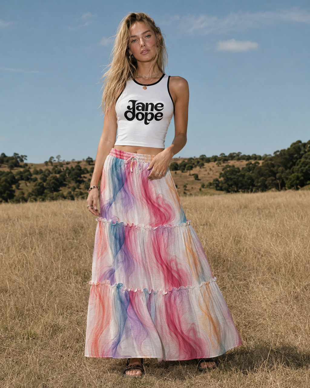 Ethereal smoke print tiered maxi skirt, back view showing tier detail