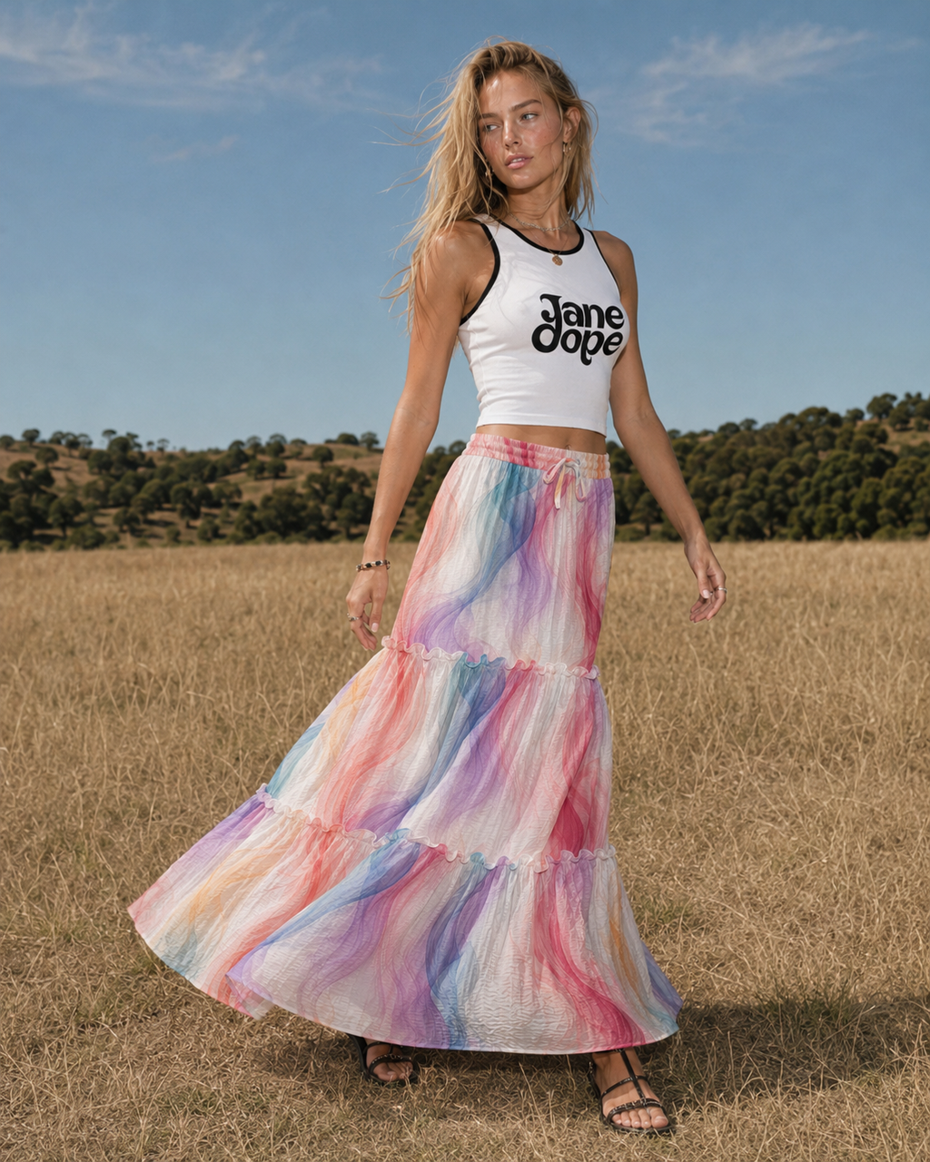 Jane Dope ethereal smoke print high-waist tiered maxi skirt, front view on model
