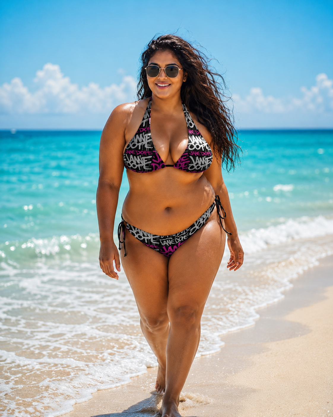 Jane Dope DANK! graphic print halter bikini set, lifestyle front view