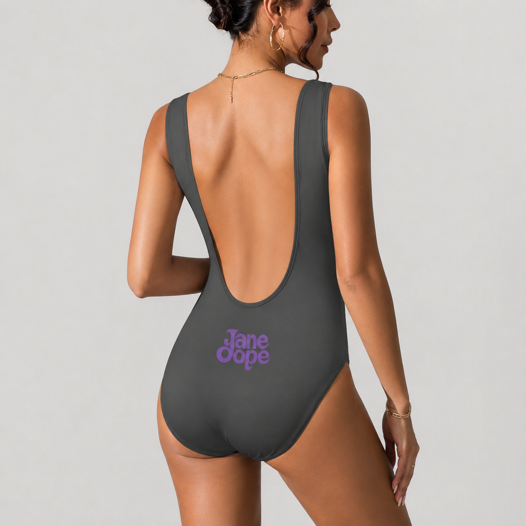 Hotbox Goddess graphic print backless swimsuit, back view showing open back
