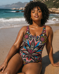 Jane Dope batik bliss print high-cut backless swimsuit, front view on model
